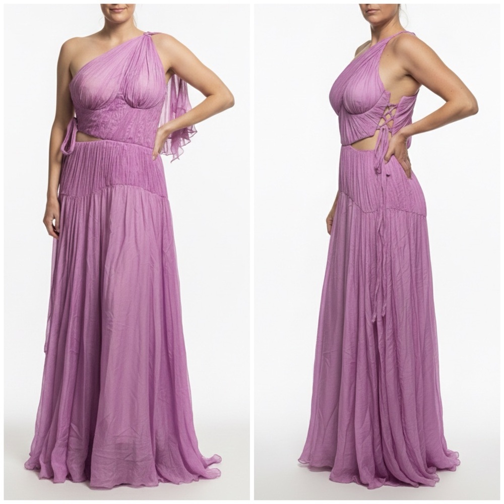 Maria Lucia Hohan Silk Matilda One Shoulder Side Lace Up Cut Out Maxi Dress 10